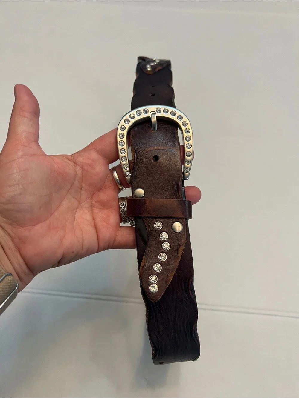 VINTAGE BROWN LEATHER RHINESTONE & LEATHER WESTERN BELT